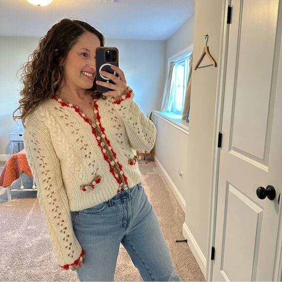 Maje White Red Brown Eyelet Alpaca Wool Cardigan Sweater 2 Medium - Picture 8 of 15